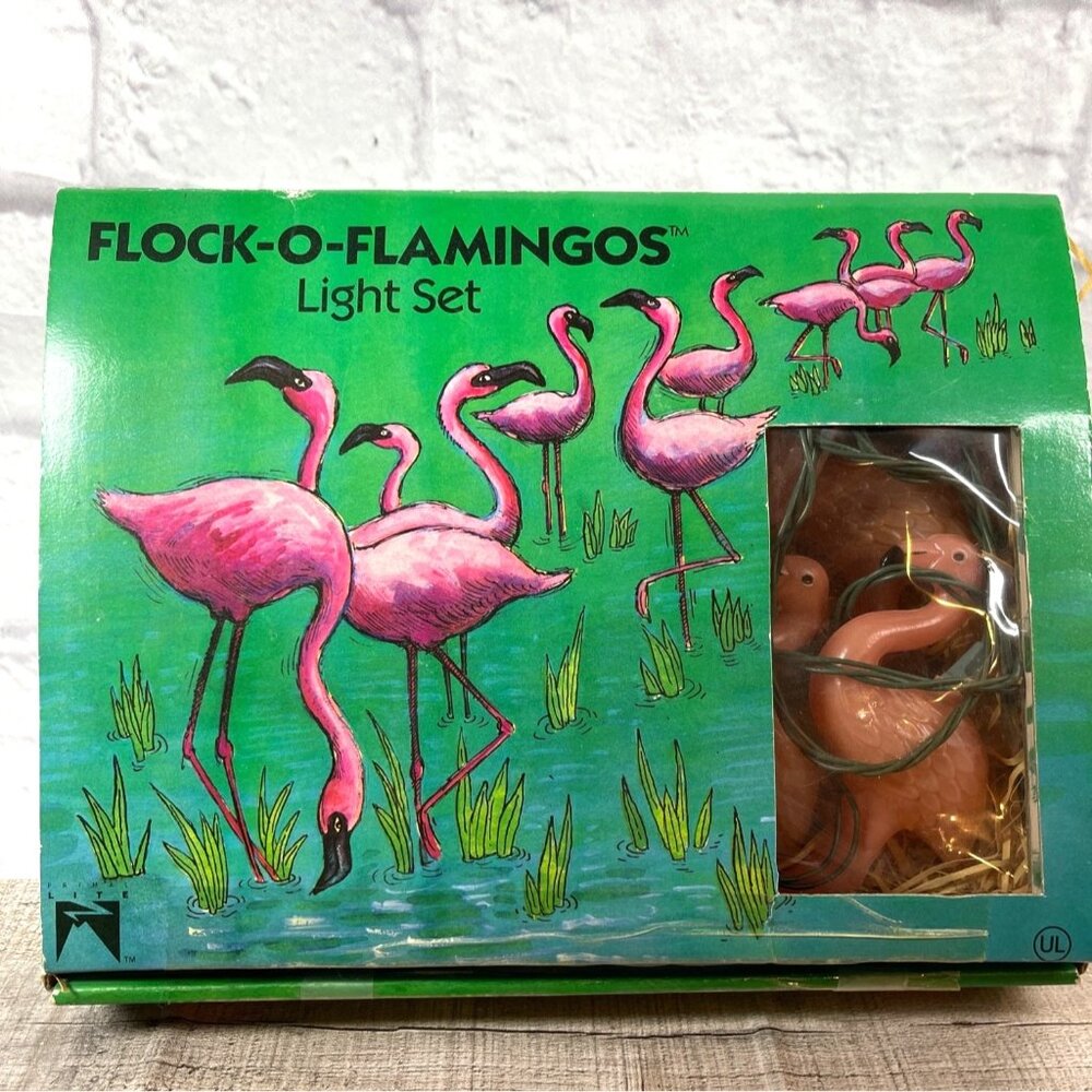 Pink Flamingo Flock Working String Light Set 10 Flamingo Lights Original Box VTG - Picture 4 of 14